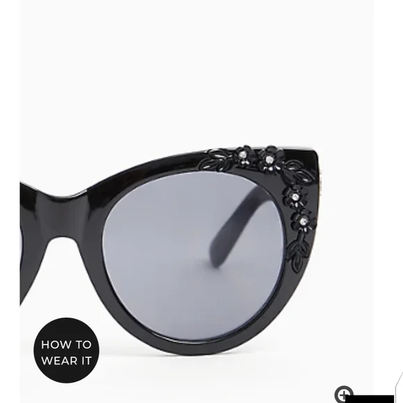 ๐ BLACK FLORAL RHINESTONE CAT EYE SUNGLASSES - Picture 3 of 7